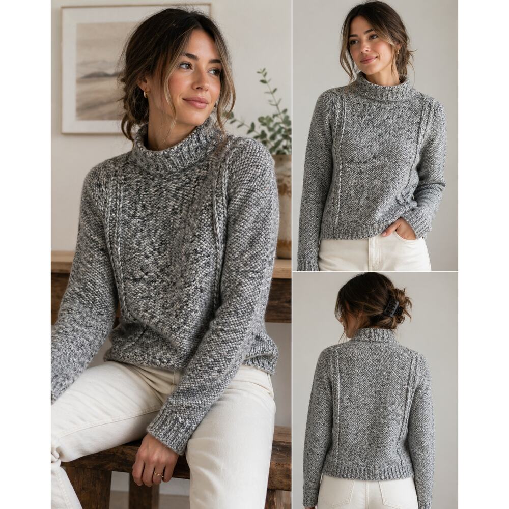 Burns Gray Marled Cable Knit Sweater Small Wool Alpaca Funnel Neck Cozy